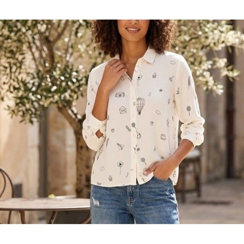 ZARA Cottagecore Whimsical Printed Button Down Shirt Tatto White Long Sleeve Top